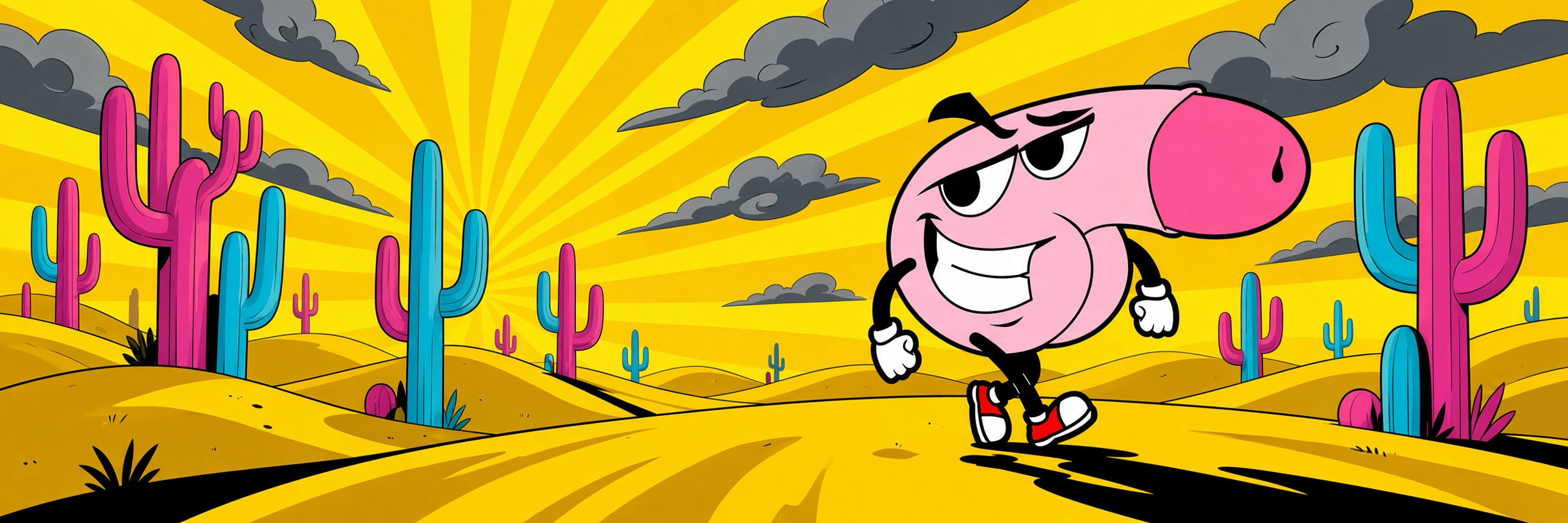 DickFace walking through a neon desert